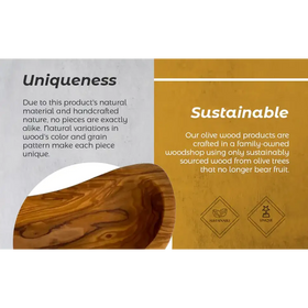 Handcrafted olive wood bowl with natural, warm brown tones and distinctive grain patterns.