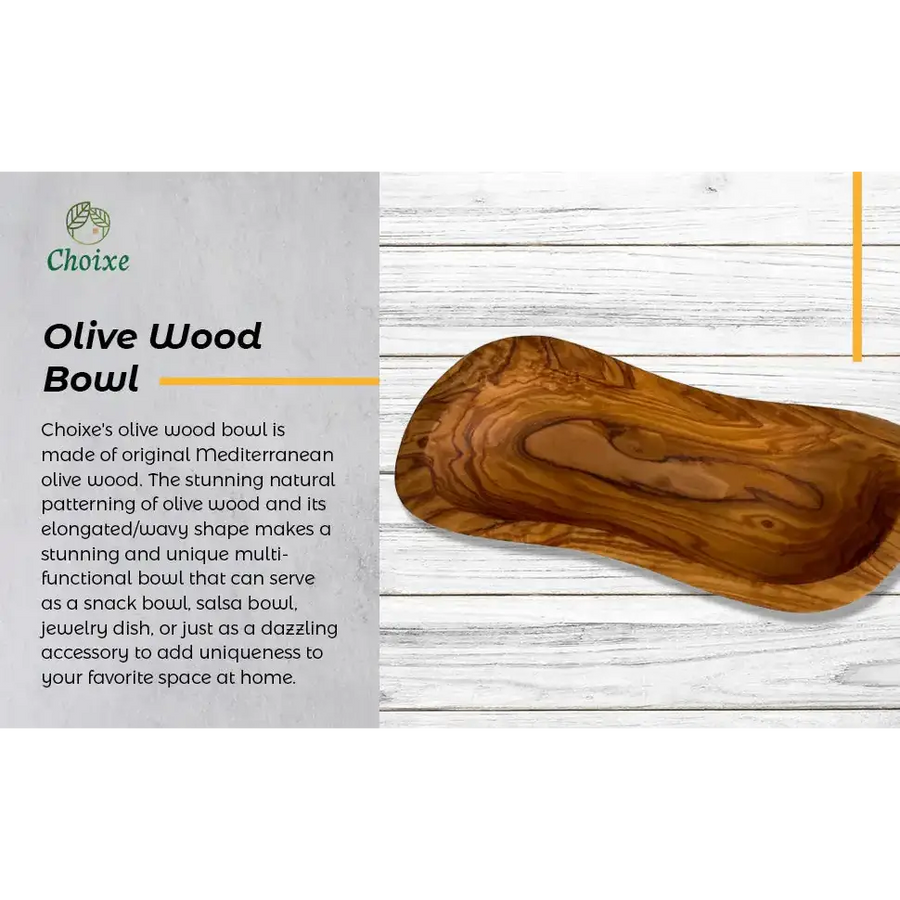 A handcrafted olive wood bowl with a rich, warm brown hue and striking natural wavy grain patterns.