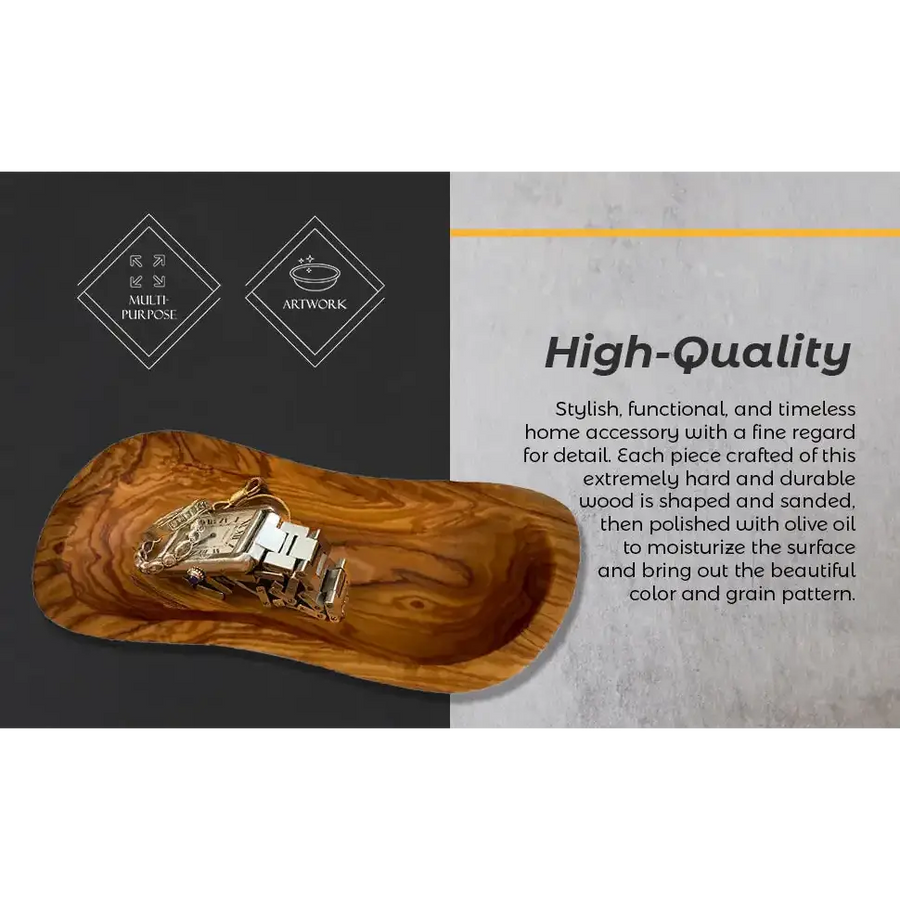A polished olive wood bowl with a natural, swirling grain pattern and smooth, rounded edges.