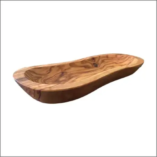 A smooth, elongated olive wood serving dish with a natural grain pattern and rounded edges.