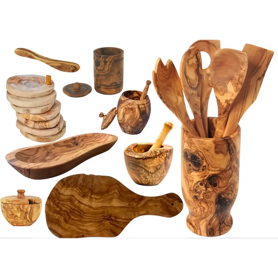 Handcrafted olive wood kitchen utensil set featuring natural grain patterns and warm brown tones.