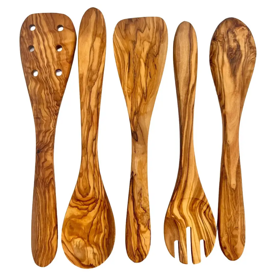 Set of five handcrafted olive wood kitchen utensils with natural grain patterns and warm golden-brown tones.