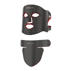 Black and red hexagonal-patterned megelin led facial mask with adjustable straps.