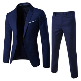 Navy blue two-piece suit with a single-breasted blazer featuring white contrast stitching on the pocket and matching trousers