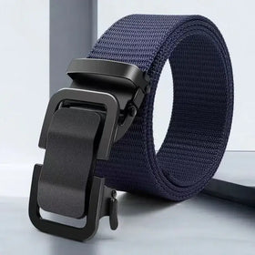 Dark blue woven canvas belt with a matte black automatic buckle.