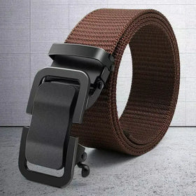 Brown woven fabric belt with a matte black automatic buckle.