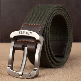 Olive green woven canvas belt with a silver-toned metal buckle and brown leather accent stitching.