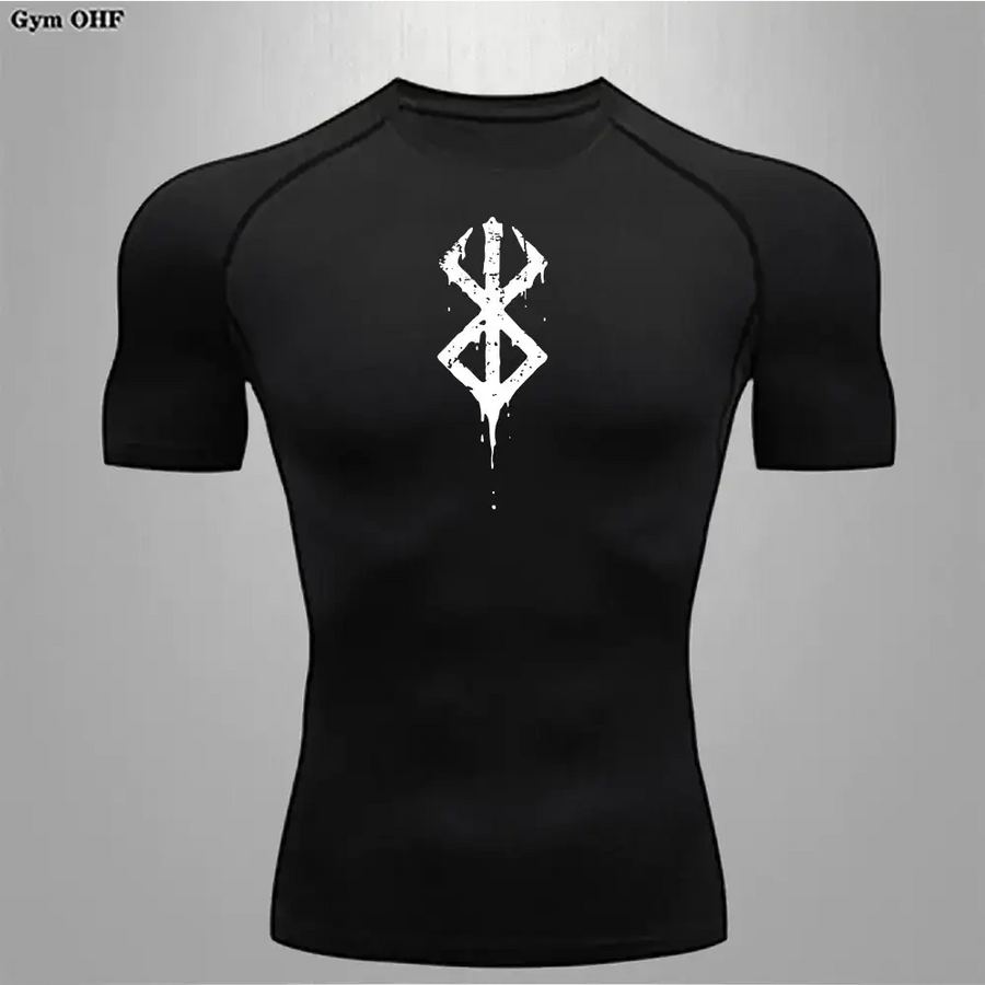 Black short-sleeved compression shirt with a white, distressed ’berserk’ logo printed on the chest.