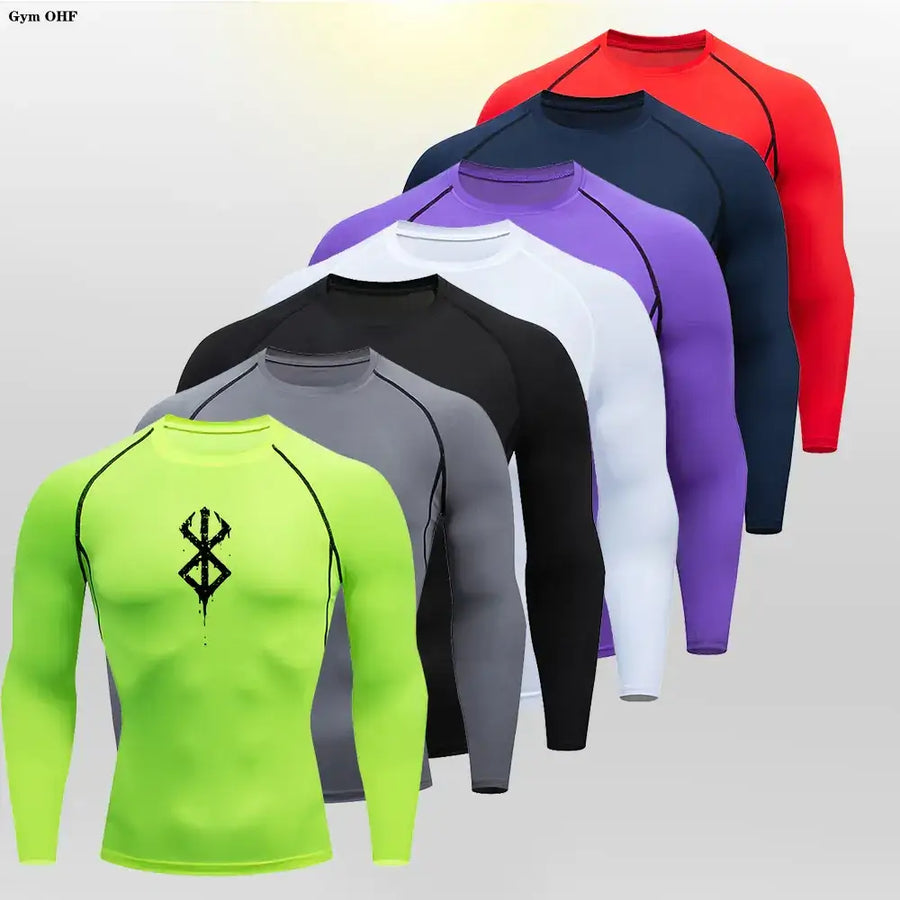 Bright neon green long-sleeved compression shirt with a black stylized logo on the chest.