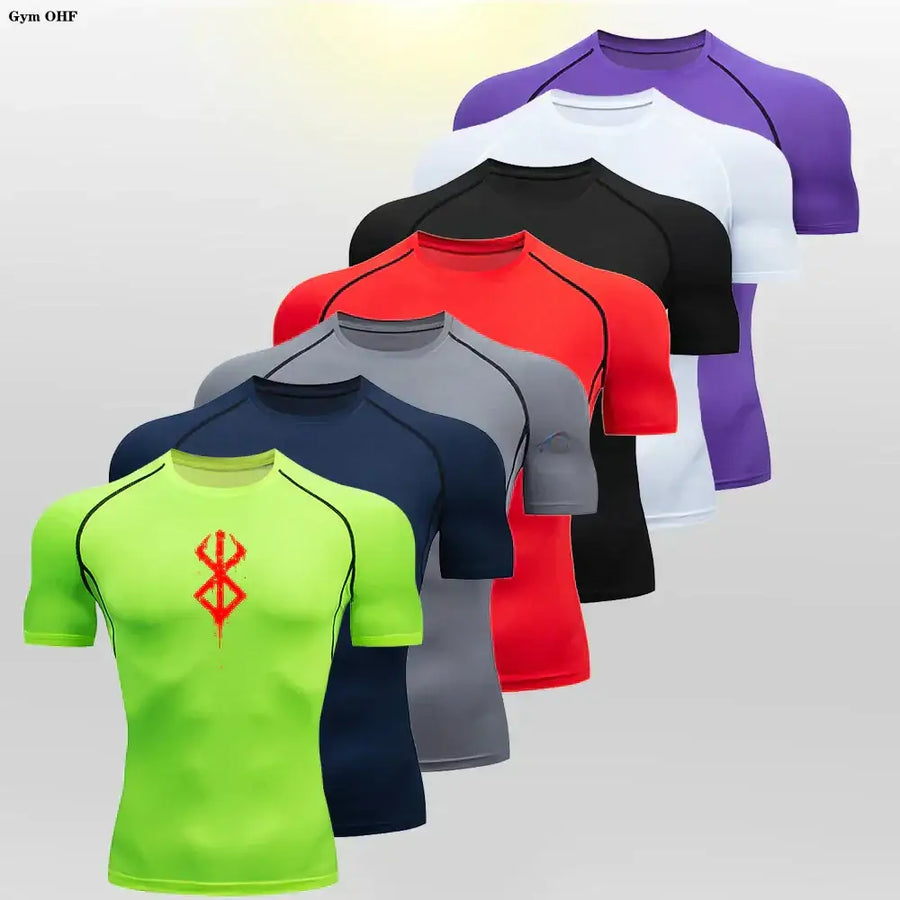 Bright neon green short-sleeved compression shirt with a red stylized logo on the chest.