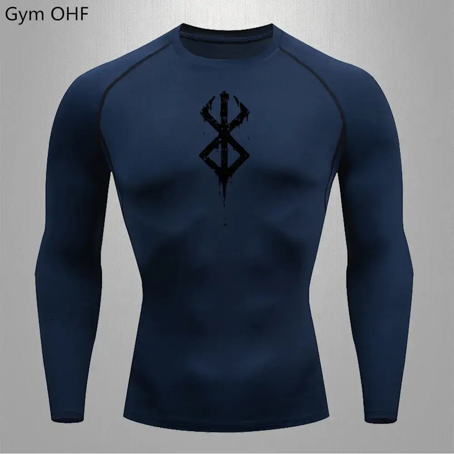 Dark blue long-sleeved compression shirt with a black stylized rune emblem on the chest.