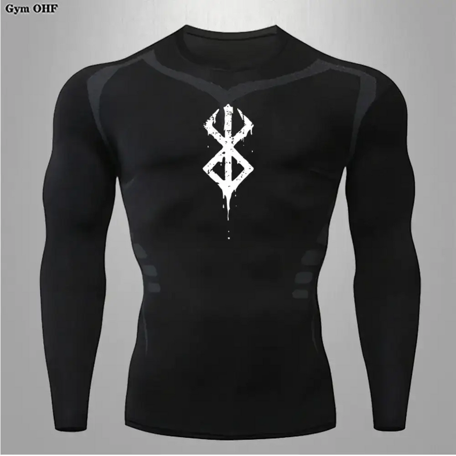 Black long-sleeved compression shirt with a white, distressed rune emblem on the chest.