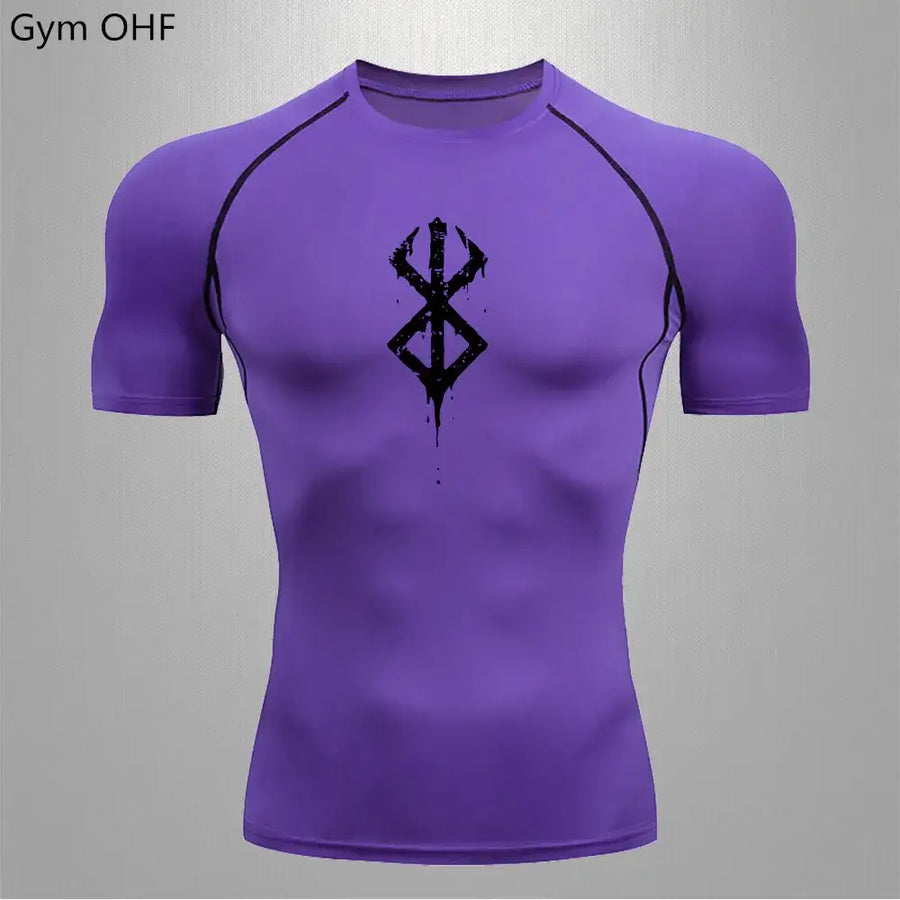 Purple gym ohf compression shirt with black graphic design and raglan sleeves.