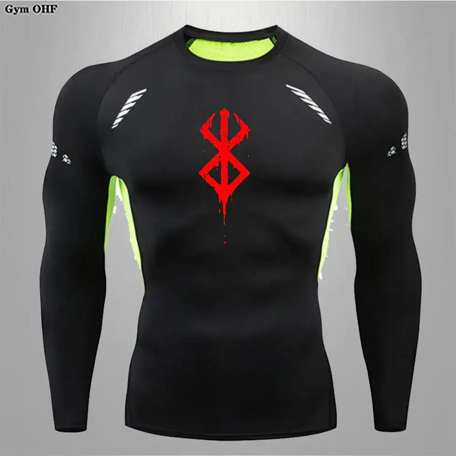 Black long-sleeved compression shirt with neon green accents and a red bloodborne logo on the chest.