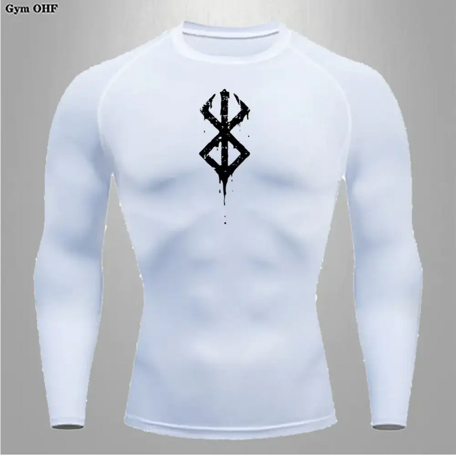 White long-sleeved compression shirt featuring a black, dripping rune design on the chest.