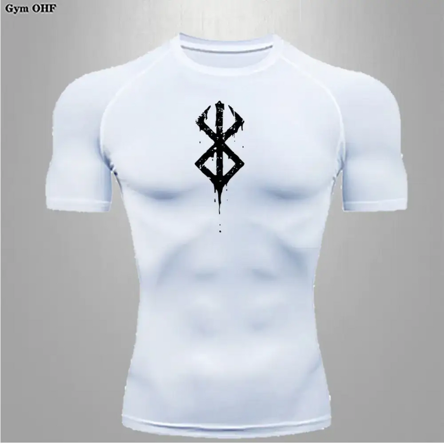 White compression shirt with a black, dripping-style rune graphic on the chest.