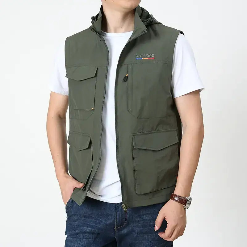 Olive green outdoor utility vest with multiple pockets and a hood