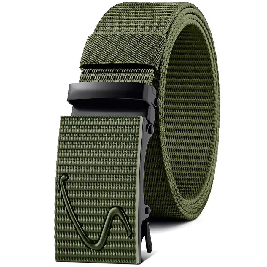 Olive green tactical webbing belt with a black plastic buckle featuring an embossed logo.