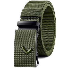 Olive green tactical webbing belt with a matching textured buckle featuring a black automatic release mechanism.