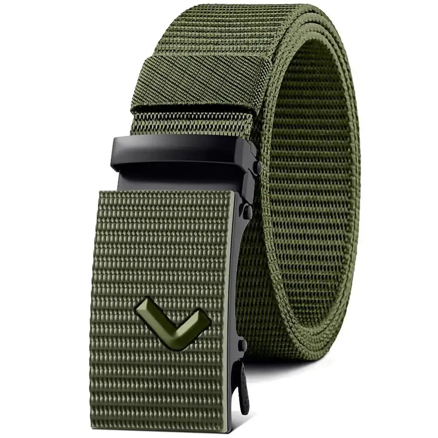 Olive green tactical webbing belt with a matching textured buckle featuring a black automatic release mechanism.