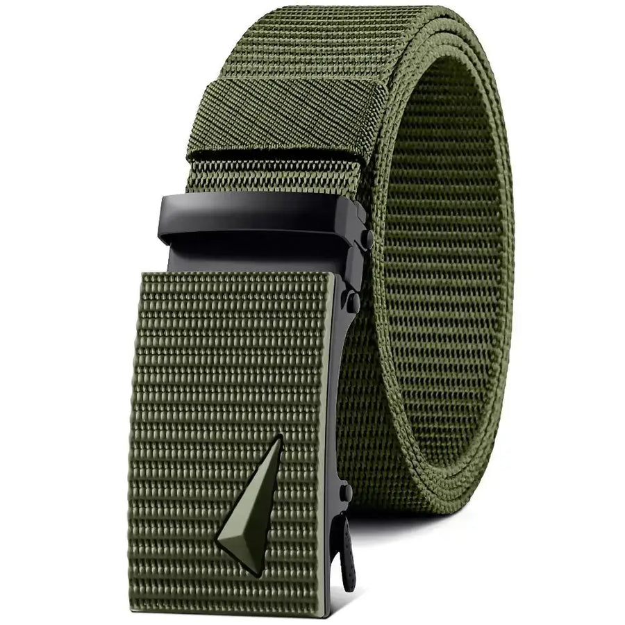 Olive green tactical webbing belt with a matte black, geometrically shaped buckle.