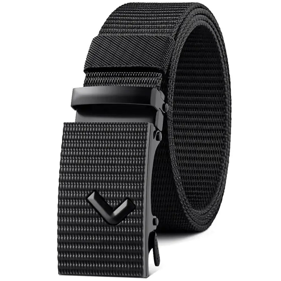 Black tactical belt with a textured nylon strap and matte black metal buckle featuring a v-shaped logo.