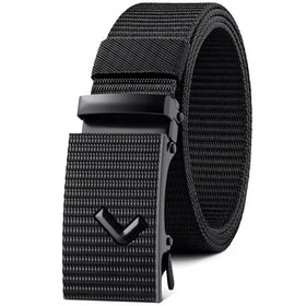 Black tactical belt with a textured nylon strap and matte black metal buckle featuring a v-shaped logo.