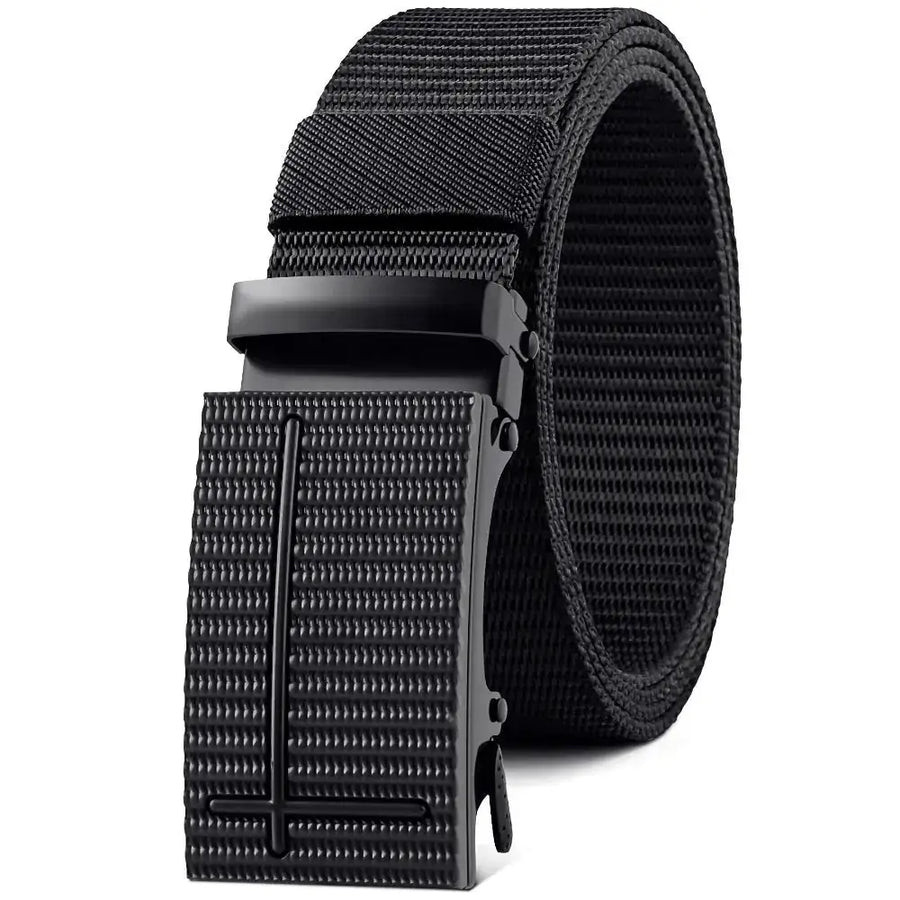 Black tactical webbing belt with a matte black textured buckle featuring a minimalist cross design.
