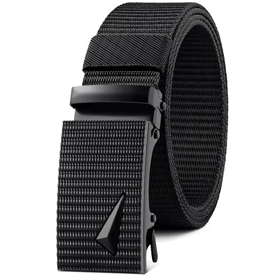Black tactical belt with a textured nylon strap and a matte black buckle featuring a triangular logo.