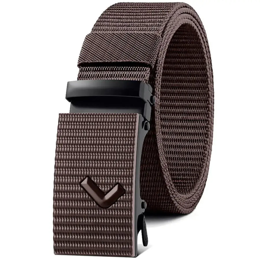 Brown woven canvas belt with a matching textured buckle featuring a black v-shaped logo.