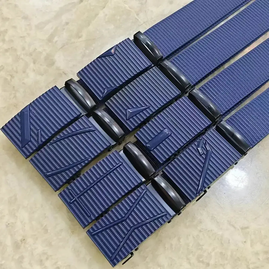 Blue nylon belt with black plastic buckle and textured weave pattern.