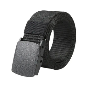 Black tactical webbing belt with a matte black textured buckle.