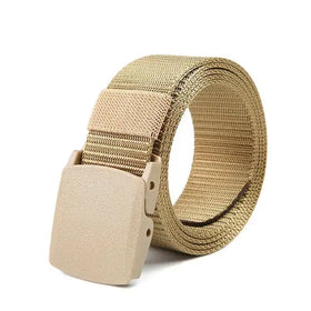 Tan tactical belt with a matte beige plastic buckle.