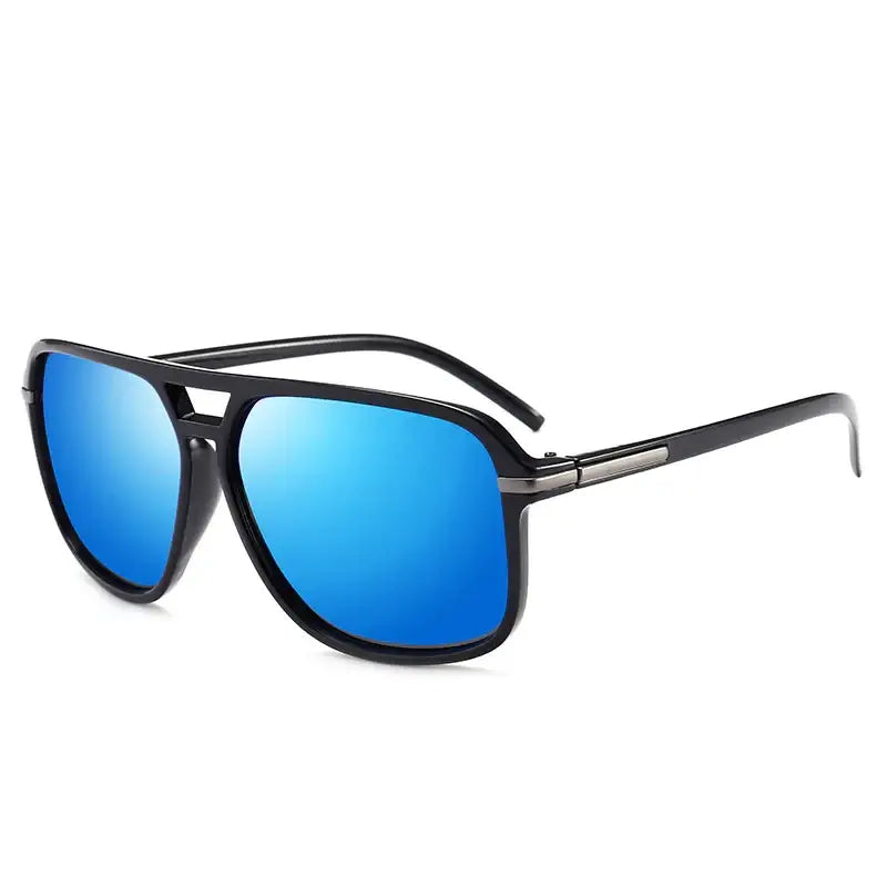 Black aviator sunglasses with vibrant blue mirrored lenses and metallic accent details.
