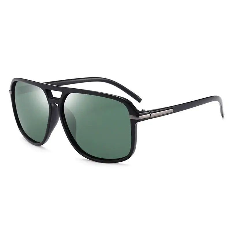 Black aviator sunglasses with green mirrored lenses and metallic accent details.