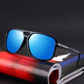 Black-framed aviator sunglasses with reflective blue mirrored lenses.