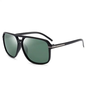 Black aviator sunglasses with green mirrored lenses and metallic accent details.