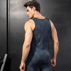 Dark blue, textured mesh athletic tank top.