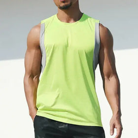 Bright neon green sleeveless athletic top with gray side panels.