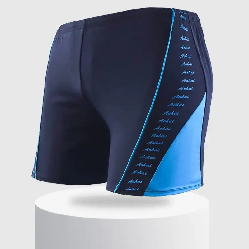 Navy blue swim trunks with a vibrant turquoise side panel and matching trim, featuring the word ’aohai’ repeated in light blue script along one leg.