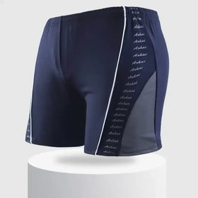 Navy blue athletic shorts with a white vertical stripe running down the side, featuring repeating ’aohai’ text in light gray script.