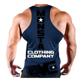 Navy blue muscle tank top with black and white ’monsta clothing company’ branding featuring stars and a stylized logo