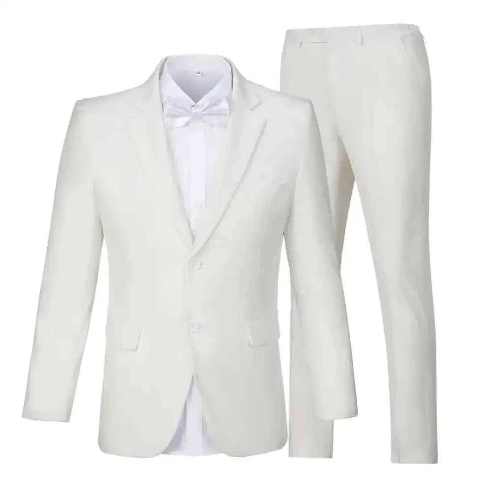 White formal suit set featuring a tailored blazer with notched lapels and matching trousers, presented in a crisp, elegant design.