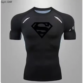 Black superman logo compression shirt with white accent stripes on the shoulders and sleeves.