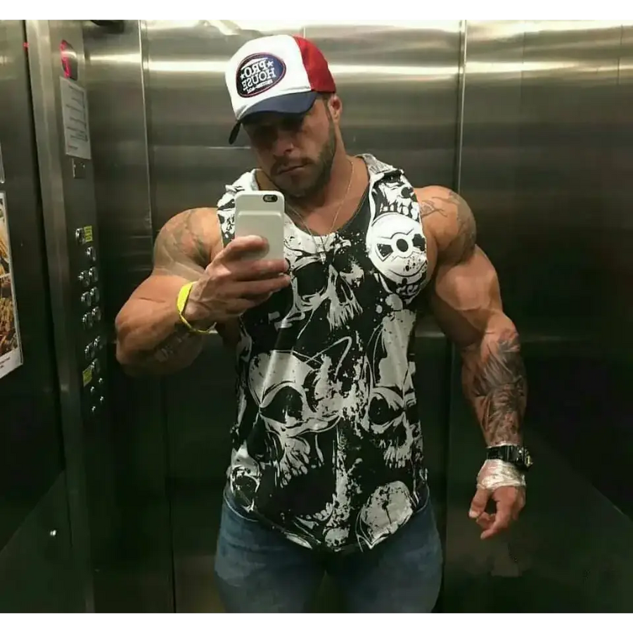 Black and white skull-patterned muscle tank top