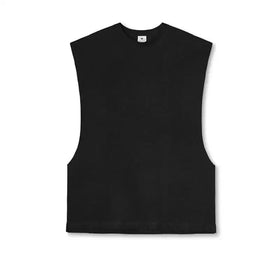 Black sleeveless top with a textured knit fabric and a crew neckline.