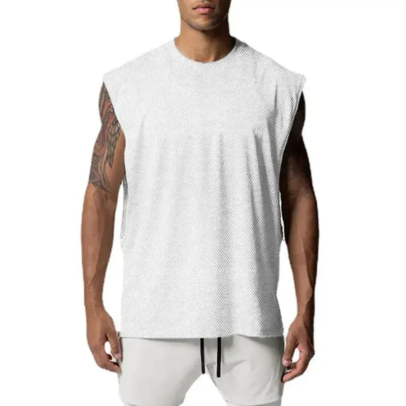 White mesh sleeveless athletic top with a crew neckline.