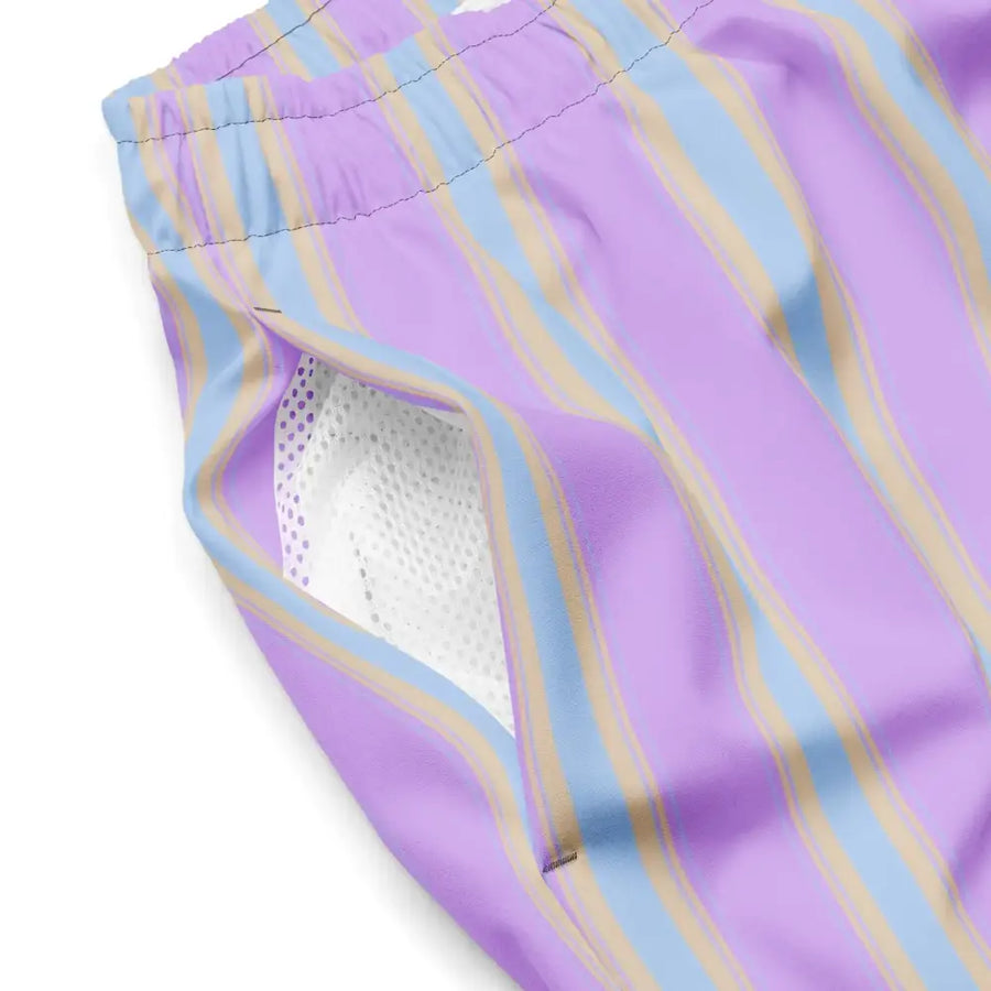 Purple and light blue striped swim trunks with a beige accent stripe, featuring a mesh lining inside the leg opening.