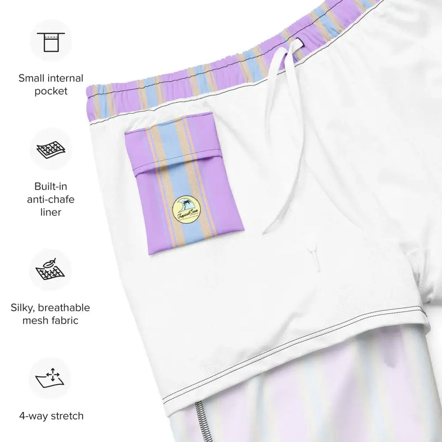 White swim trunks with a lavender and light blue striped elastic waistband, featuring a matching pocket adorned with a circular logo.