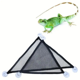 Black triangular mesh pet bath net with four clear suction cups.